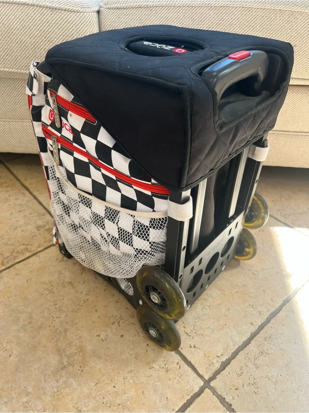 Zuca Rolling Cart - Black & White Checker with Red Accents